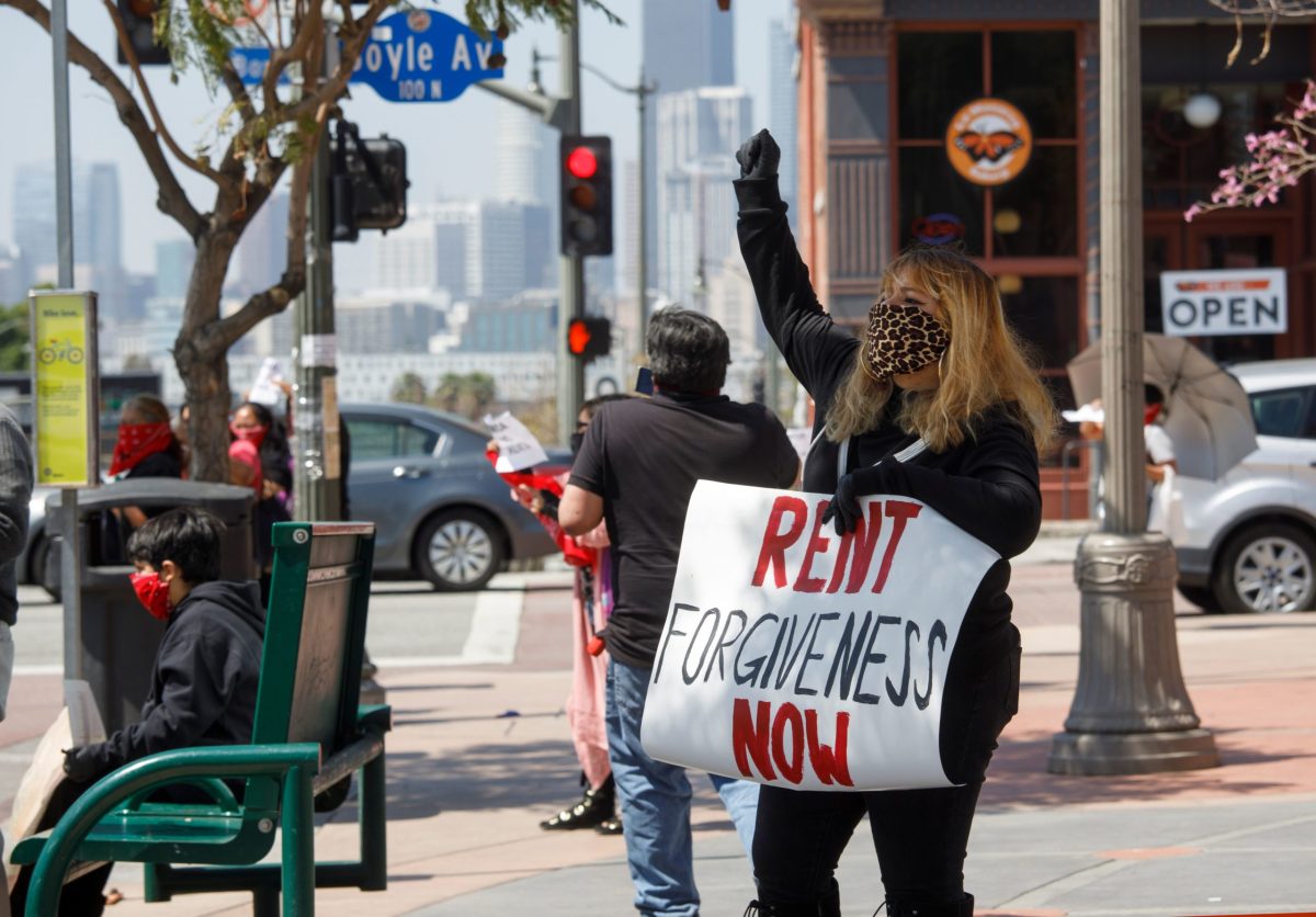 Mandatory Credit: Photo by EUGENE GARCIA/EPA-EFE/Shutterstock (10599689e)
Protesters call for rent forgiveness with a sign due to job losses from the coronavirus SARS-CoV-2 which causes the COVID-19 disease during a rally in Los Angeles, California, USA, 01 April 2020. Unemployment has jumped dramatically since California ordered non-essential businesses to close.
Protesters call for rent forgiveness in Los Angeles due to coronavirus pandemic, USA - 01 Apr 2020